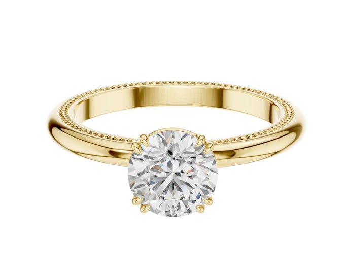 Milgrain Solitaire Moissanite Ring Round Cut Diamond Ring Yellow Gold Ring Vintage Inspired Gold Ring Dainty Engagement Ring for Her