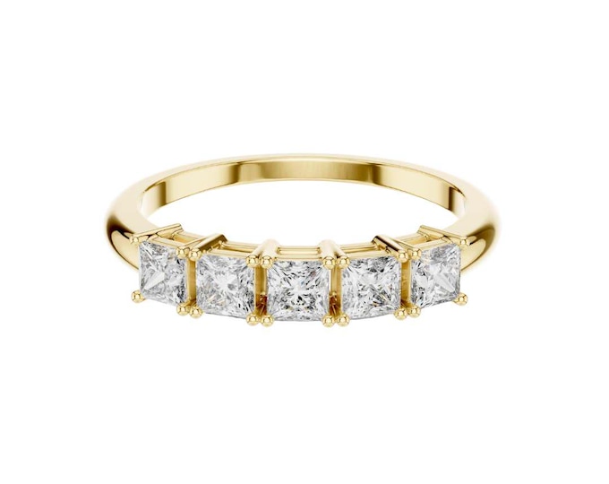 Princess Cut Moissanite Five Stone Ring Sterling Silver Anniversary Band Elegant Bridal Jewelry for  Celebrations and Special Occasions