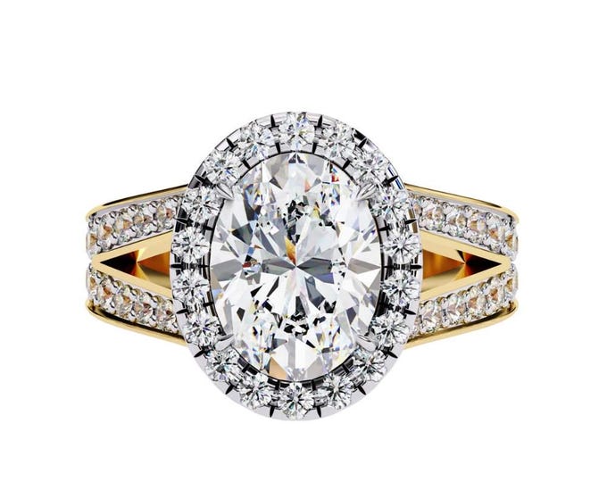 Split Shank Solitaire Oval Cut Moissanite Halo Engagement Ring in Yellow Gold Unique Bridal Jewelry heirloom Luxury Wedding Ring for Her