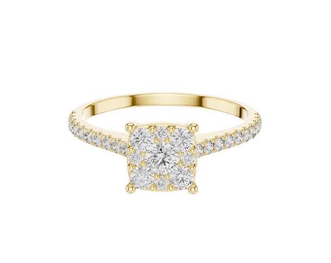 Cluster Setting Square Halo Moissanite Diamond Round Cut Engagement Ring Gold Micro Pave Band Elegant  Promise Ring Anniversary Gift for Her