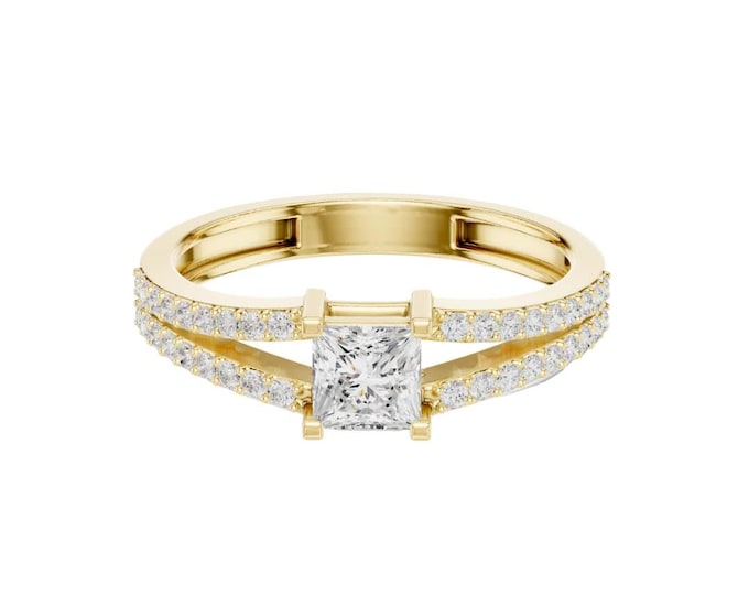Modern Double Band Solitaire Ring Princess Cut Diamond Engagement Ring in  Gold  Split Shank Pave Band Elegant Gold Diamond Ring for Her