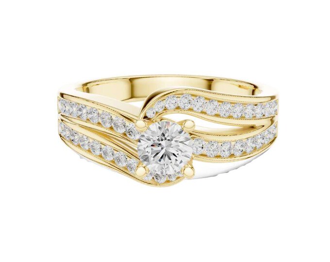 Elegant Round Moissanite Solitaire Ring with Double Split Shank Diamond Pave Band Yellow Gold Classic Bridal set Wedding Jewelry Gift