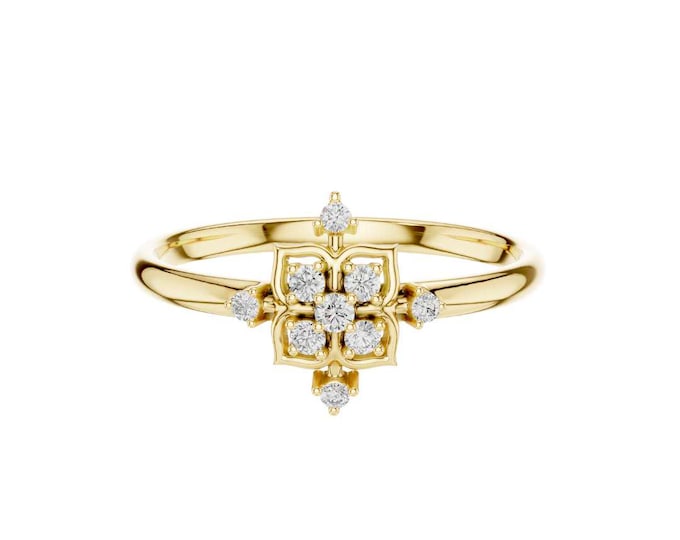 Geometric Floral Gold Ring Dainty Diamond Cluster Design, Unique Promise Ring, Elegant Anniversary Jewelry Gift fine jewelry gift for her