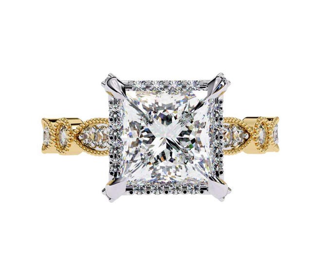 Gold Infinity Band Pave Diamond Accent Exquisite Princess Cut Diamond Engagement Ring with Intricate Unique Bridal Handmade Luxury Jewelry