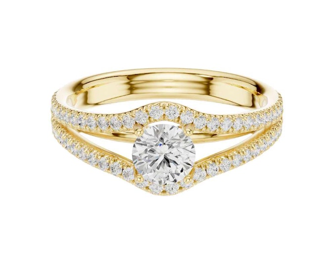 Luxury Round Diamond Moissanite Ring Split Shank V Shaped Band with Pave Set Diamonds Unique Modern Gold Bridal Ring Elegant Wedding Jewelry