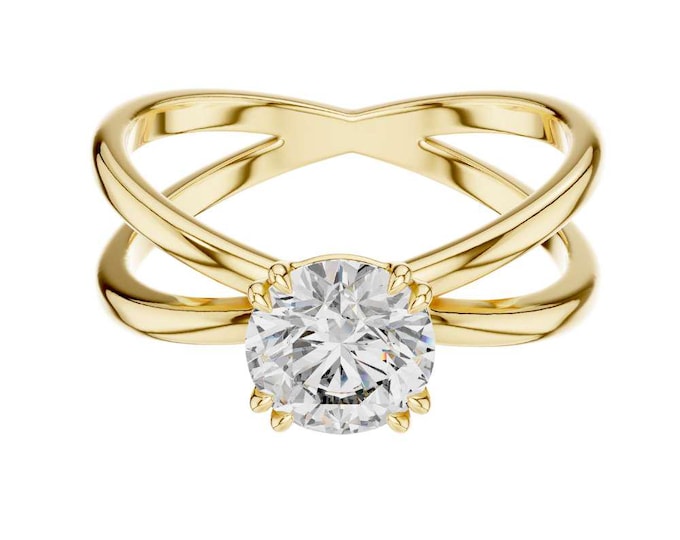 Criss Cross Solitaire Ring with Round Moissanite Diamond Modern Minimalist Promise Ring Unique Double Band Ring for Her Custom Fine Jewelry