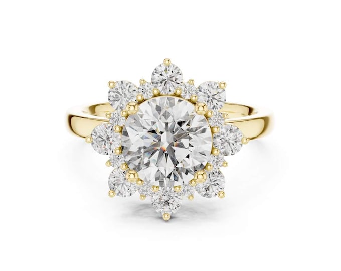 2.736 CT Vintage Inspired Sunburst Halo Engagement Ring Round Brilliant Cut Diamond with Cluster Halo in Yellow Gold Setting Elegant ring
