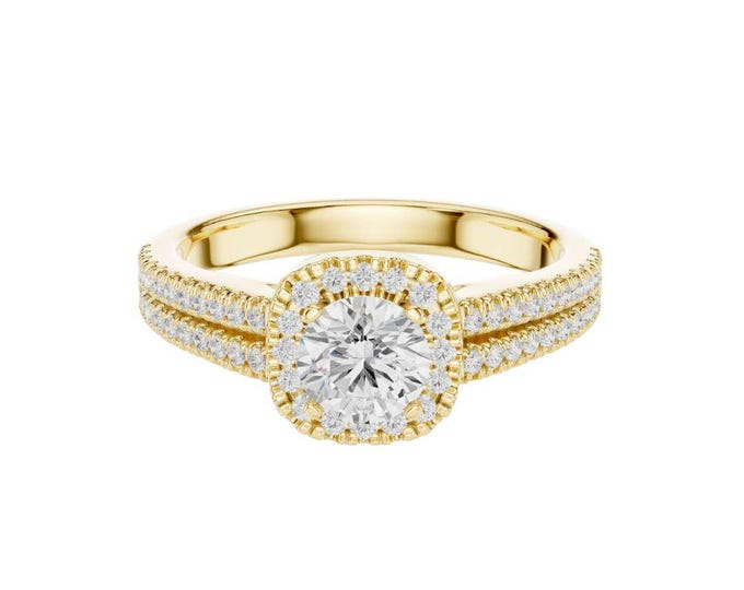 Cushion Halo Round Diamond Engagement Ring in Yellow Gold  Double Band Pave Setting Luxury Bridal & Anniversary Jewelry