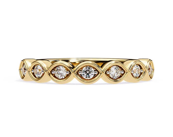 Gold Bezel Diamond Band Unique Vintage Inspired Stacking Ring Delicate Anniversary Band Timeless Fine Bridal Jewelry for Women
