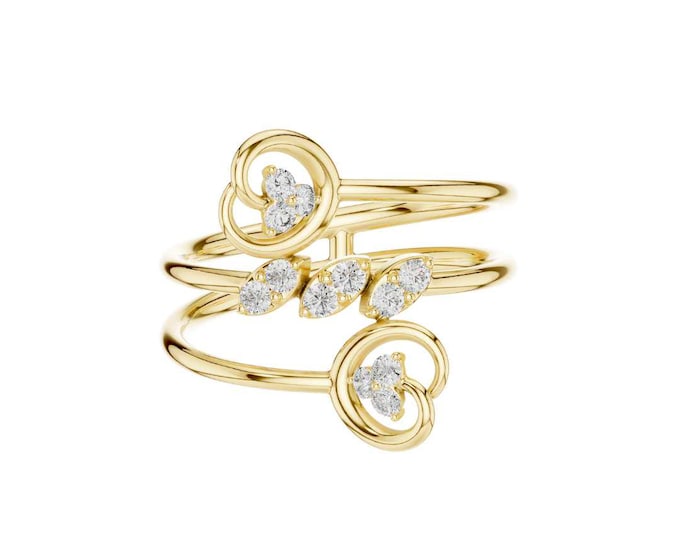 Round Moissanite Triple Heart Gold Ring with Sparkling Stones Adjustable Open Band Statement Ring Romantic Gift for Her Unique Gold Jewelry