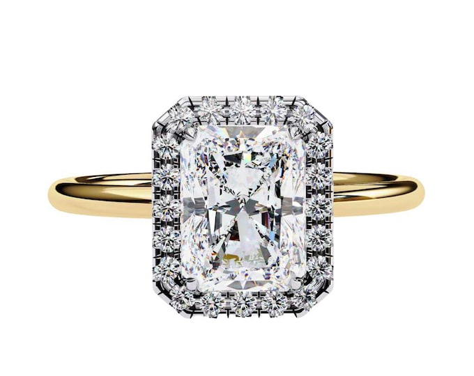 Radiant Cut Moissanite Halo Ring Elegant Gold Solitaire with Sparkling Diamonds Customizable Jewelry for a Timeless and Sophisticated Look