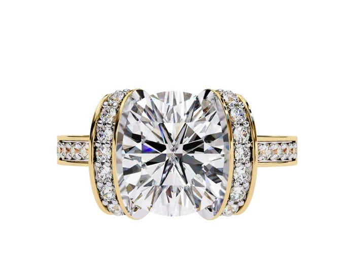 Modern Diamond Ring Round Brilliant Center Stone with Diamond Accents on Gold, Silver, Rose Gold Band Luxury Statement Bridal Jewelry