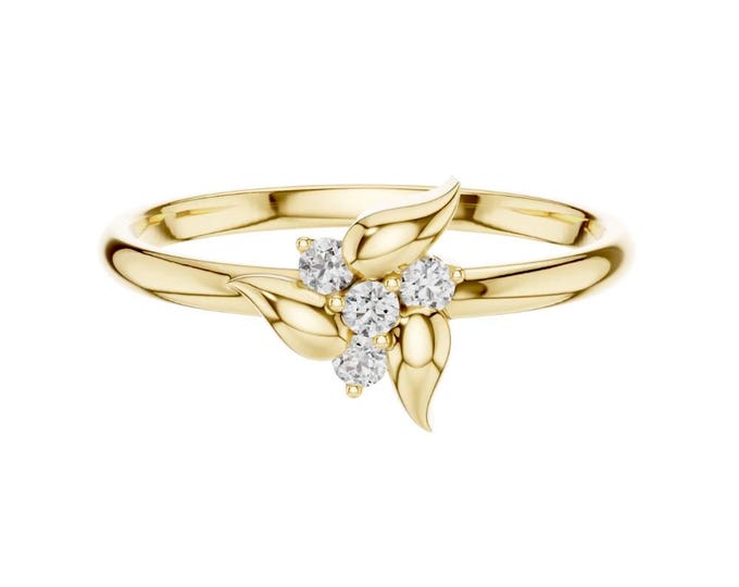 0.06 CT Nature Inspired Leaf Diamond Cluster Ring  Delicate Floral Leaf Design Promise Ring  Elegant Gold Leaf Jewelry Gift for Women