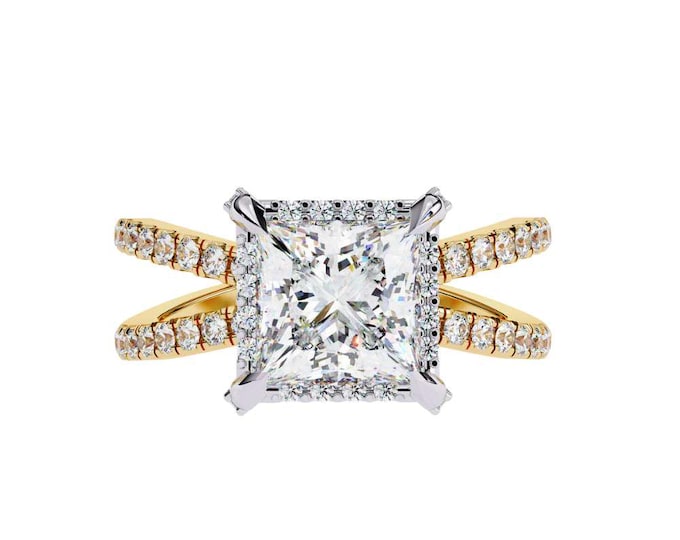 Stunning Princess Cut Diamond Engagement Ring with Unique Twisted Gold Band Double Row Pave Diamonds Elegant Modern Handmade Luxury Ring