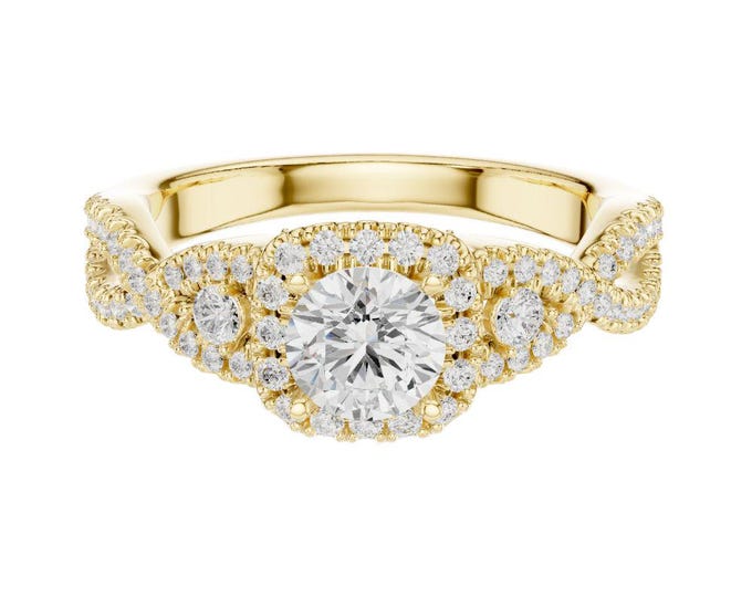 Vintage Halo Wedding Ring 14K Yellow Gold Round Cut Moissanite with Side Stones Twisted Band Bridal Ring Art Deco Inspired Ring Gift for Her