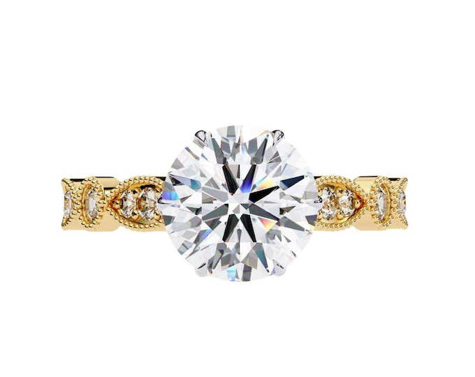 Round Cut Moissanite Engagement Ring 14K Yellow Gold Vintage Inspired Band Unique Solitaire Ring Antique Style Ring Handmade Ring for Her