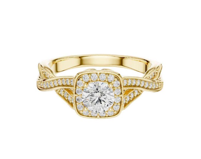 0.782 CT Vintage Round Halo Round Diamond Engagement Ring in Yellow Gold –Twisted Split Shank Pave Setting Bridal & Anniversary Jewelry