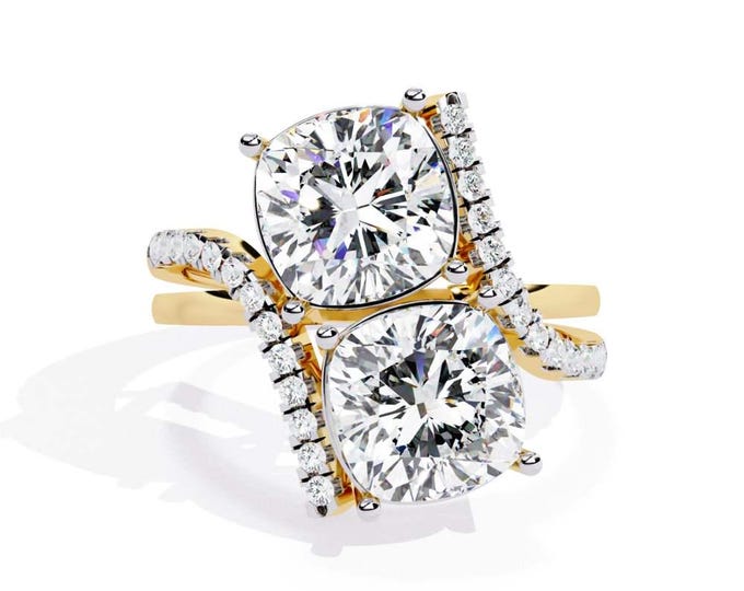 Romantic Dual Stone Moissanite Diamond Ring in Gold with Sparkling Side Accents Designed to Celebrate Love and Togetherness in Elegance