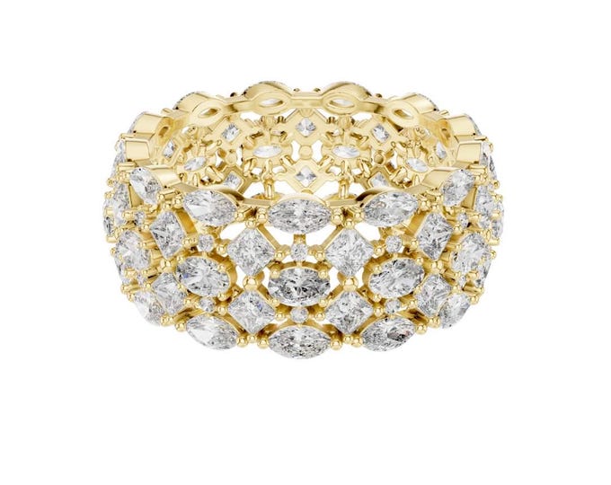 Unique Wide Band Ring with Sparkling Moissanite  Stones Statement Cocktail Ring Vintage Inspired Bold Jewelry Gift for Someone Special