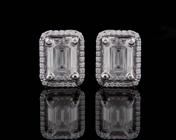 3.10 CT Emerald Cut Button Prong Moissanite 14k Solid White Gold Halo Set Diamond Earring Studs Earrings Wedding Anniversary Gift For Her