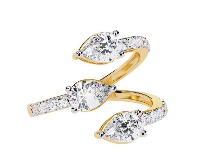 Elegant Triple Pear Shaped Diamond Ring Open Band Gold Statement Ring Unique Fine Jewelry Perfect Bridal or Wedding Ring for Her