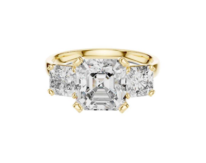 Emerald Cut Moissanite Three Stone Ring: 18K Yellow Gold Engagement Ring