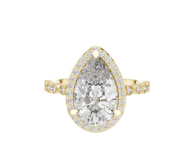 Pear Shaped Engagement Ring Gold Halo Moissanite Ring Solitaire Bridal Ring Vintage Inspired Wedding Ring Design Elegant Bridal for Women