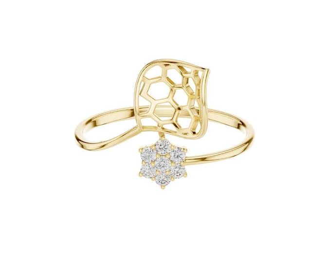Round Moissanite Honeycomb Ring with Star Charm Dainty Adjustable Ring Bee Inspire Jewelry Celestial Cubic Zirconia Ring Nature Gift for Her
