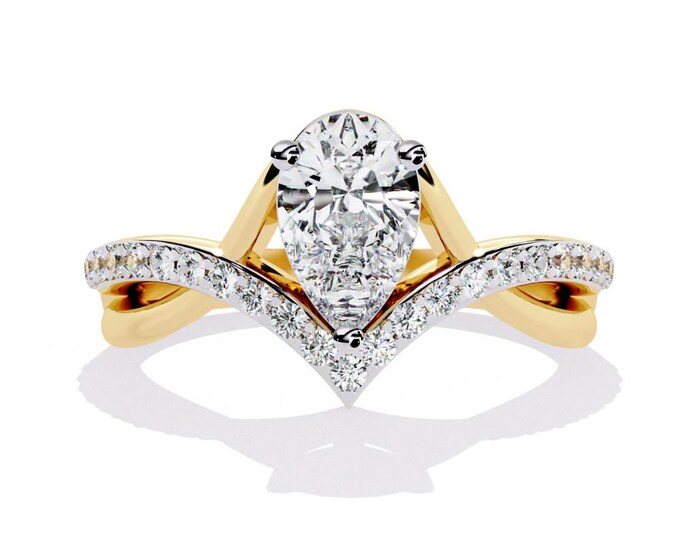 Pear Shaped Diamond Anniversary Ring Yellow Gold Unique Chevron Band V Shaped Wedding Ring Dainty Diamond Bridal Set for Her