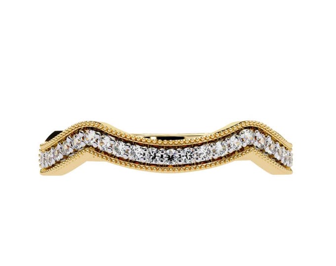Curved Diamond Wedding Band in Yellow Gold Chevron Contour Ring Elegant Stacking Anniversary Band Unique Bridal Jewelry Gift for Her