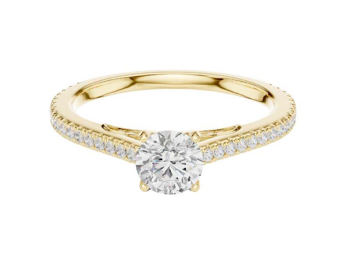Elegant Round Cut Solitaire Moissanite Diamond with Dainty Pave Band Delicate Bridal Ring Handmade Engagement Ring Perfect Fine Jewelry Gift