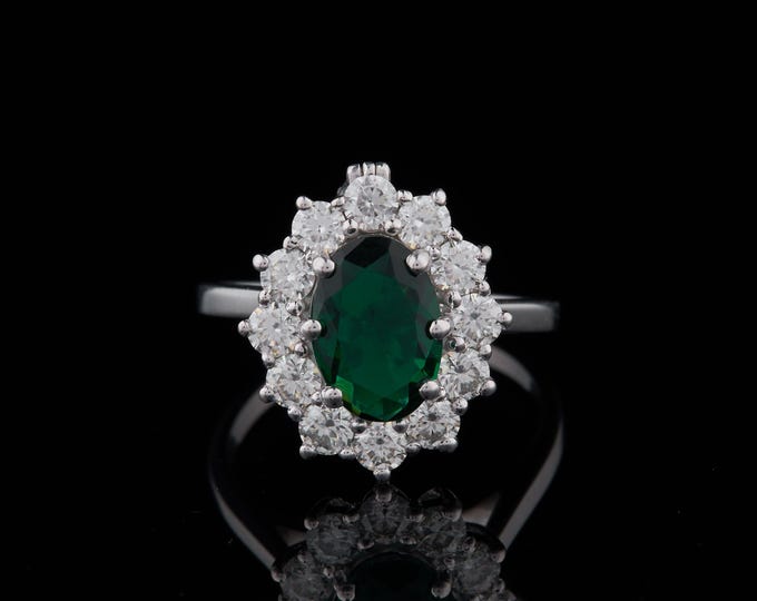 Vintage Inspired 1.80 TCW Halo Ring Oval Green Emerald Ring Sterling Silver Ring with Diamond Simulants Art Deco Fine Statement Jewelry
