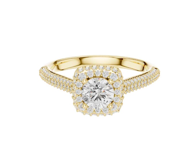 Timeless Round Halo Round Diamond Engagement Ring in Yellow Gold Elegant Pave Split Shank Bridal Ring, Wedding & Anniversary Jewelry