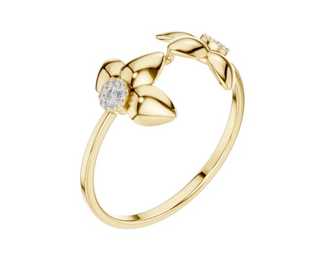 Round Moissanite Flower Ring Dainty Floral Ring with Crystal Adjustable Nature Inspired Ring Minimalist Botanical Jewelry Gift for Her