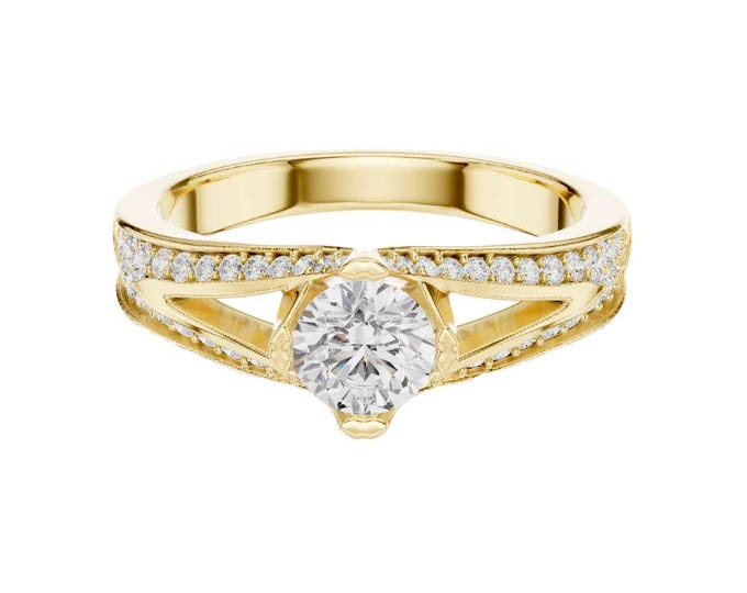 Yellow Gold Split Shank Ring Round Cut Solitaire Diamond with Double Pave Band Unique Modern Bridal Wedding Ring Handmade Promise Ring