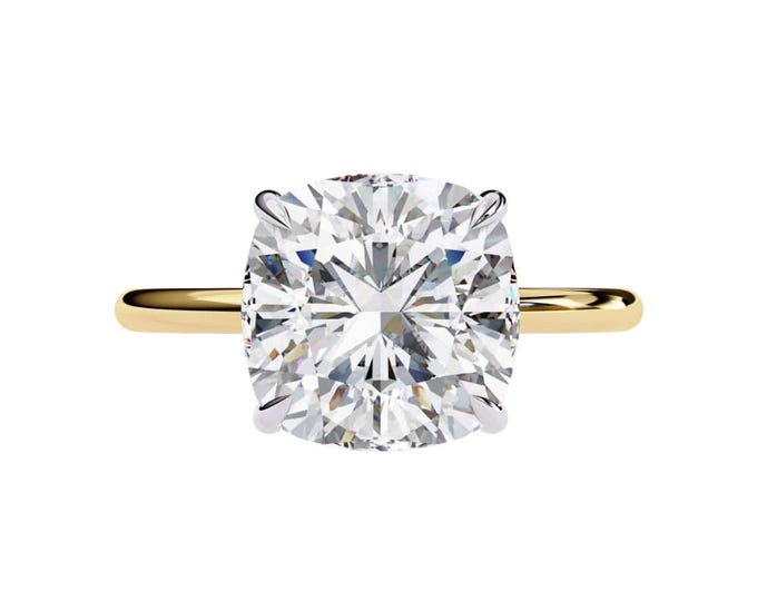 Brilliant Cushion Cut Moissanite Solitaire Ring in Yellow Gold Contemporary Engagement Ring Timeless Luxe Minimalist Bridal Jewelry Gift