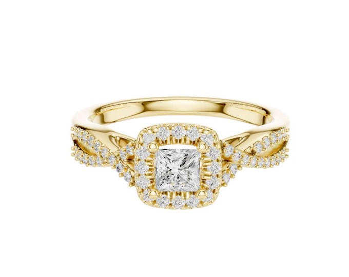 Princess Cut Cushion Halo Diamond Engagement Ring in Yellow Gold Twisted Pave Band Bridal Ring Vintage Style Wedding & Anniversary Jewelry