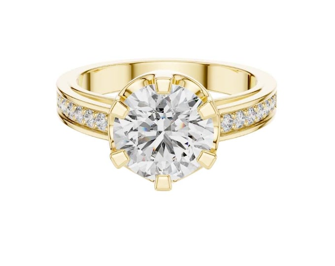 Round Brilliant Cut Solitaire Engagement Ring in Yellow Gold Six Prong Setting with Channel Set Accent Diamond Classic Wedding Proposal Ring
