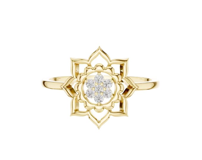 Gold Lotus Flower Ring with Diamond Center Mandala Inspired Engagement Ring Boho Floral Ring Unique Handmade Jewelry Gift for Her