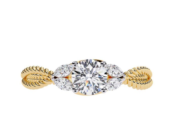 Unique Moissanite Wedding Ring Round Cut with Marquise Side Stones on Braided Gold Band Vintage Inspired Bridal Jewelry Ring for Her