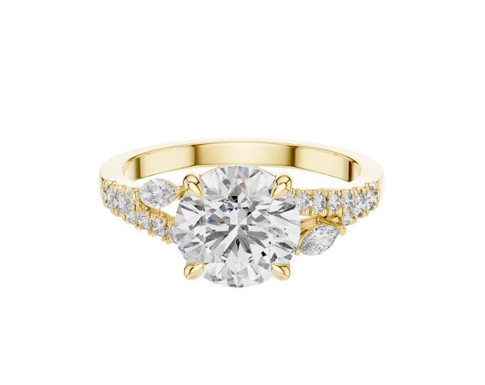 Top Quality Round Cut Engagement Ring Gold Marquise Side Stones Elegant Solitaire Ring Dainty Sparkling Bridal Jewelry Gift for Her