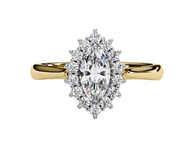 Marquise Cut Diamond Halo Ring in Gold, Silver, Rose Gold Elegant Cluster Engagement Ring Vintage Style Bridal Jewelry Gift for Her