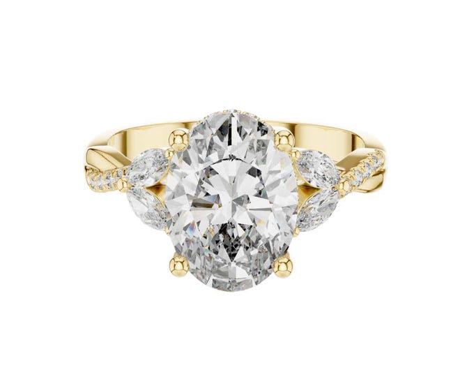 3.35 CT Oval Cut Diamond Engagement Ring with Marquise Side Stones Twisted Band Bridal Ring in Yellow Gold Rose Gold Sterling Silver Unique