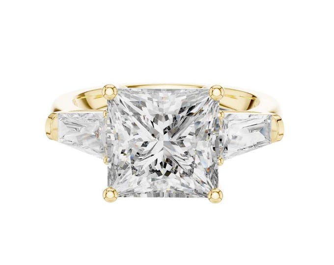 2.5 CT Princess Cut Three Stone Engagement Ring in Yellow Gold with Tapered Baguette Side Stones  Elegant Solitaire Bridal Ring