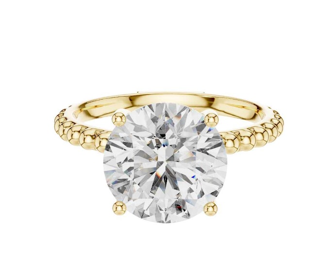 Stunning Round Cut Solitaire Wedding Ring with Textured Beaded Band Elegant Diamond Moissanite Ring Classic Bridal Jewelry Gift for Her
