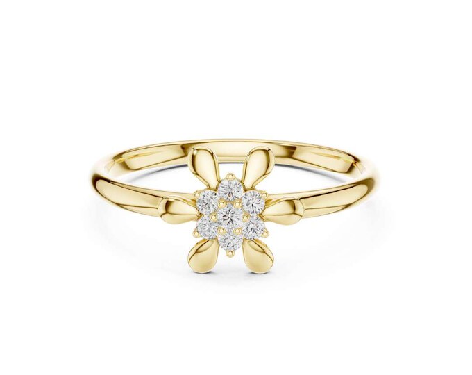 14K Yellow Gold Diamond Flower Ring Dainty Petal Cluster Ring, Elegant Promise Ring, Floral Engagement Jewelry, Anniversary Gift for Her