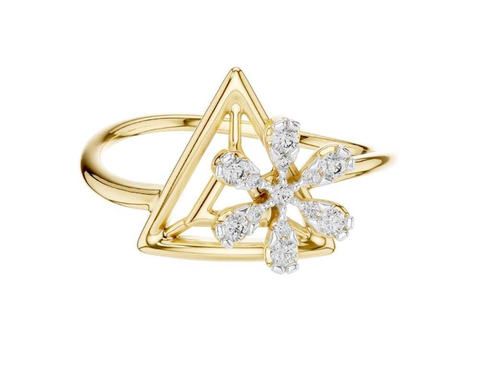 Modern 14K Yellow Gold Triangle Ring with Diamond-Embellished Petal Flower Design Geometric and Floral Fusion Statement Jewelry for Women
