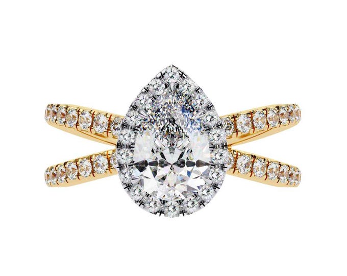 Fantastic 1.67 TCW Pear Cut Halo Diamond Ring with Criss Cross Pave Band Elegant Solitaire Anniversary Ring Luxury Wedding Band for Women