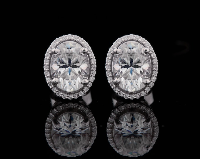 2.40 CT Oval Cut Button Prong Moissanite 14k Solid White Gold Halo Set Diamond Earring Studs Earrings Wedding Anniversary Gift For Her