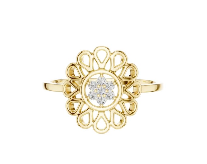 Handmade Gold Filigree Flower Ring with Sparkling Diamond Center Vintage Inspired Floral Ring Elegant Boho Jewelry Unique Gift for Her